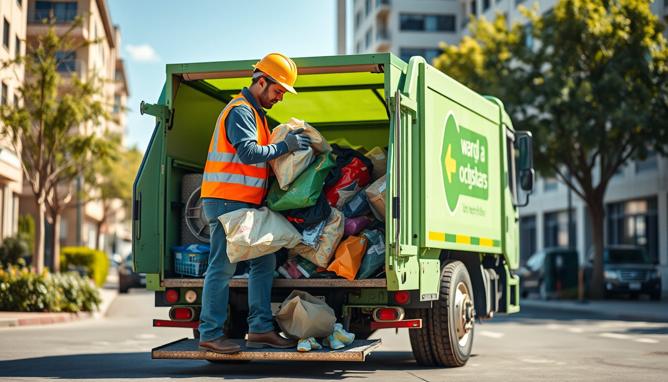  Worker in safety gear loading bulky trash into eco-friendly waste disposal truck in sunny urban area
