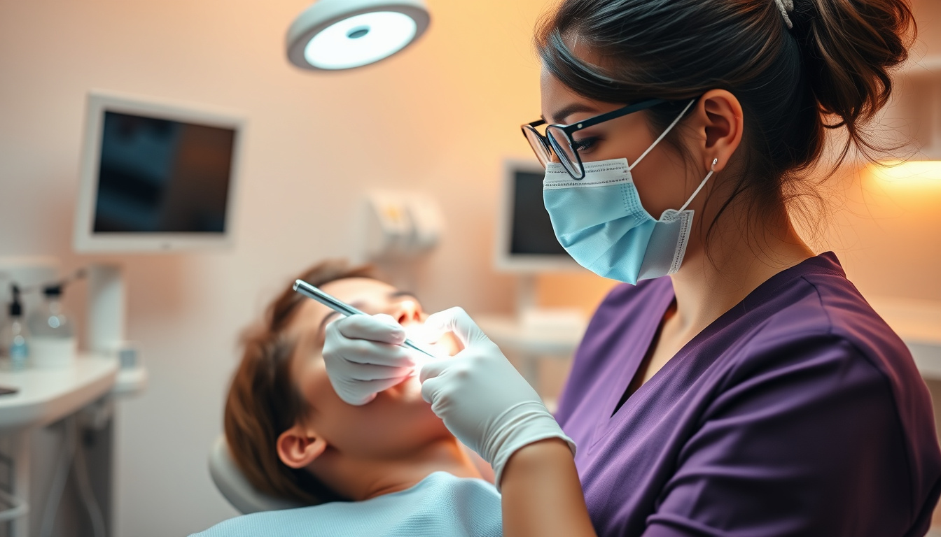  dentist applying gentle dental treatment, smiling patient, warm clinic ambiance
