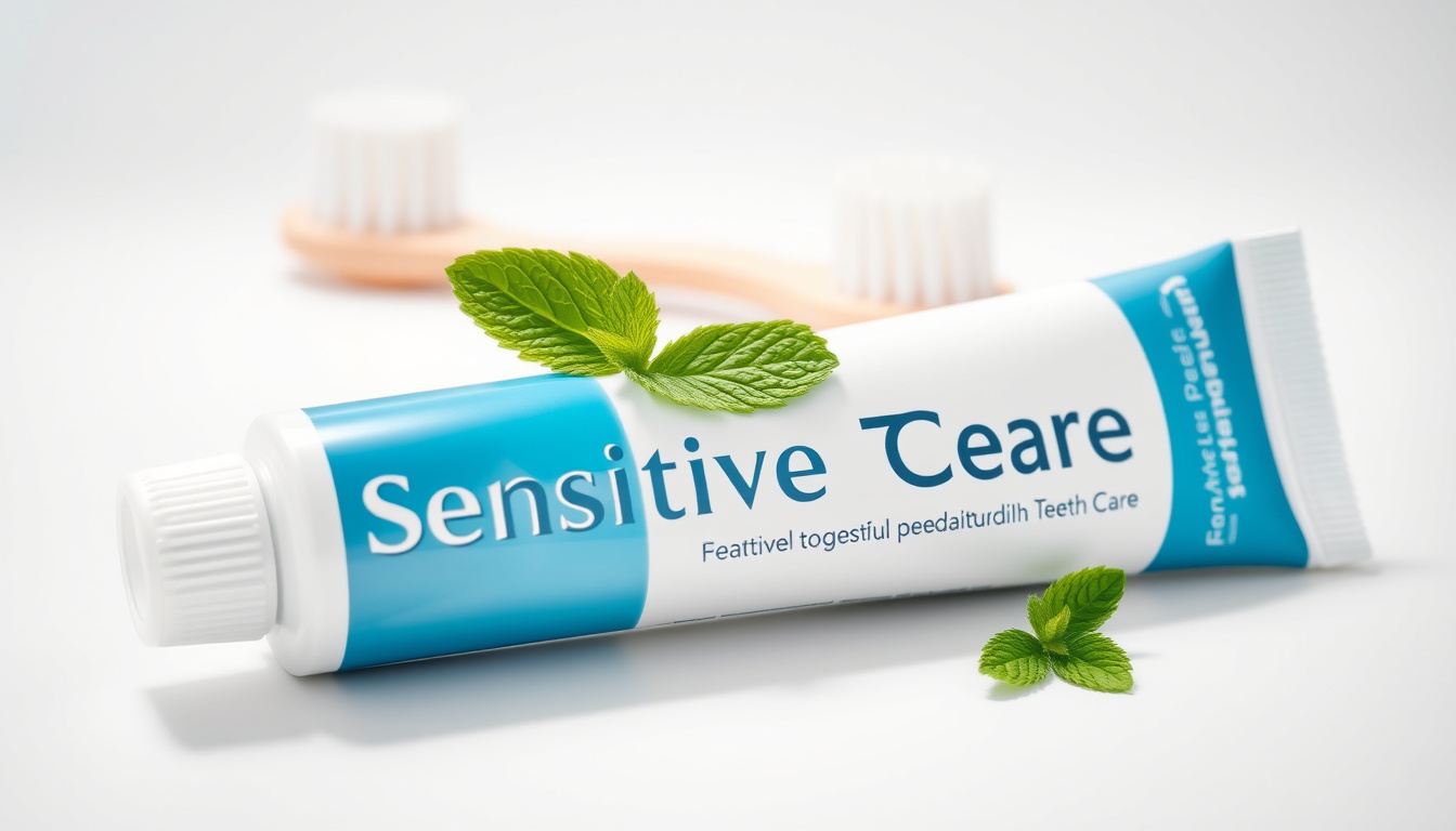  Toothpaste tube labeled "Sensitive Teeth Care" with mint leaves and soft bristles background