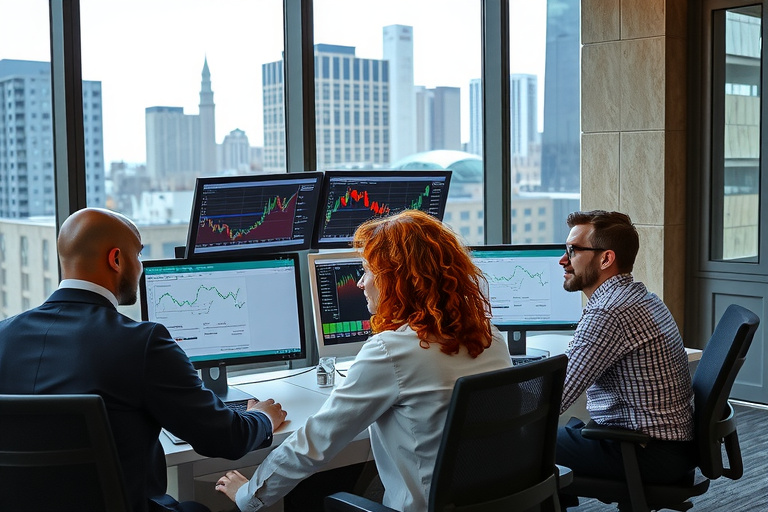 professional photo of a diverse team of financial analysts in a modern office, working together around multiple computer screens showing stock market charts and data visualizations, with a glass wall showing city skyline in background, natural daylight lighting, business casual attire, focused expressions
