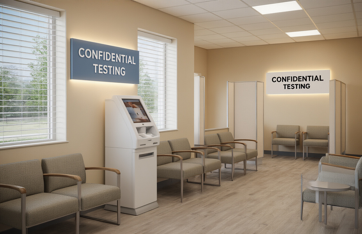 Create a realistic image of a clean, modern medical testing facility with a private check-in kiosk, showing a diverse waiting area with comfortable seating and subtle privacy dividers, featuring a sign that reads "Confidential Testing" prominently displayed, with warm lighting creating a professional yet reassuring atmosphere.