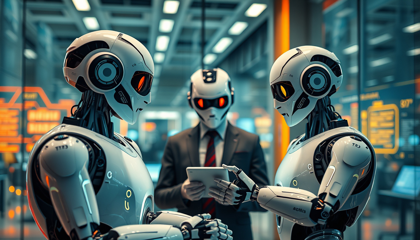  Autonomous robots collaborating with human professionals around digital interfaces in high-tech corporate setting