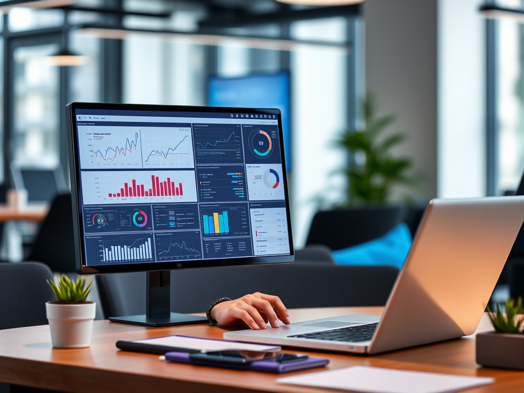 professional SEO analyst working on a laptop with data visualizations in a modern office setting
