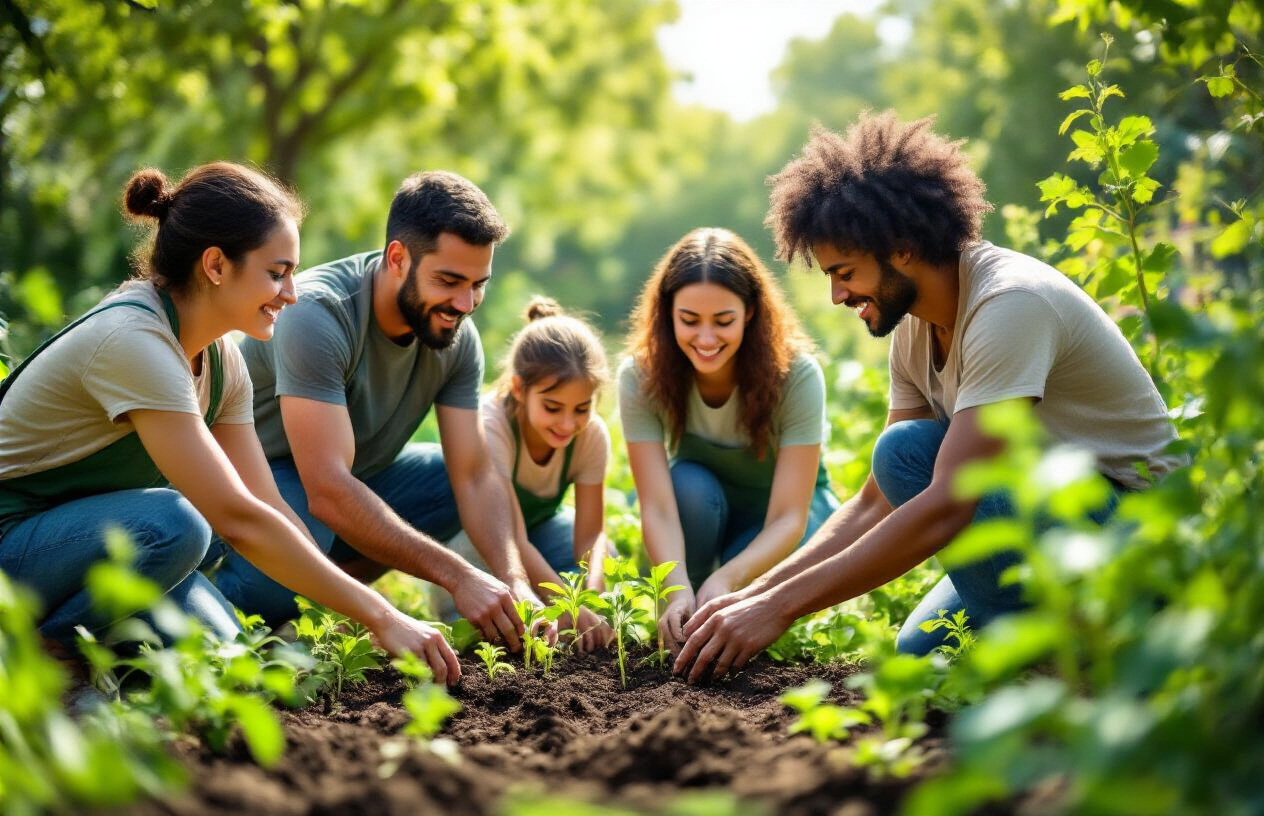 Create a realistic image of a diverse group of people engaged in meaningful volunteer work at a community garden, with expressions of fulfillment and purpose on their faces as they plant seedlings together, surrounded by vibrant greenery and sunlight filtering through trees, conveying a sense of contribution to something greater than themselves.