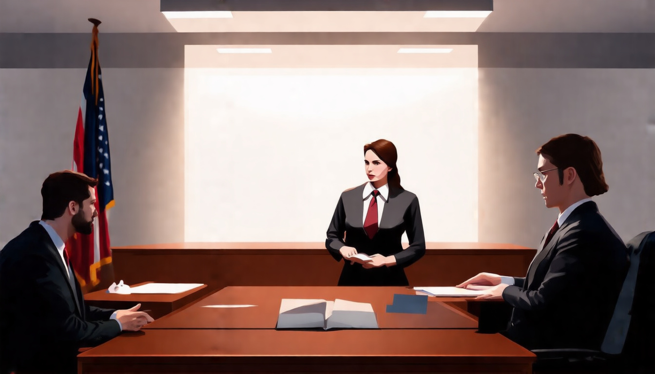  courtroom scene with lawyers debating liability issues under bright lights