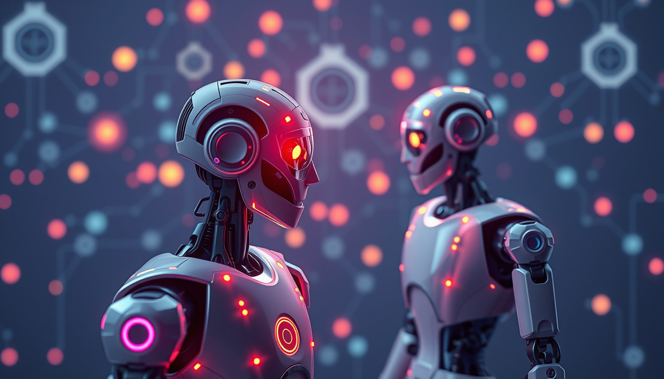  AI-powered automated decision-making with glowing algorithms and digital robots collaborating seamlessly