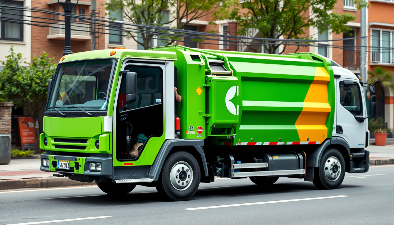  Modern garbage truck collecting waste, urban neighborhood background, clean environment
