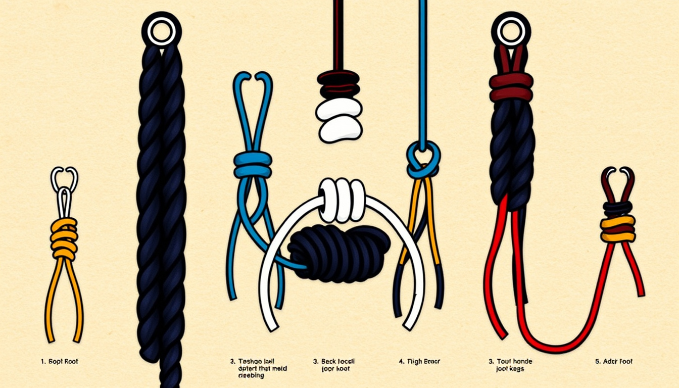  detailed illustration of various fishing knots with labeled steps, textured paper background