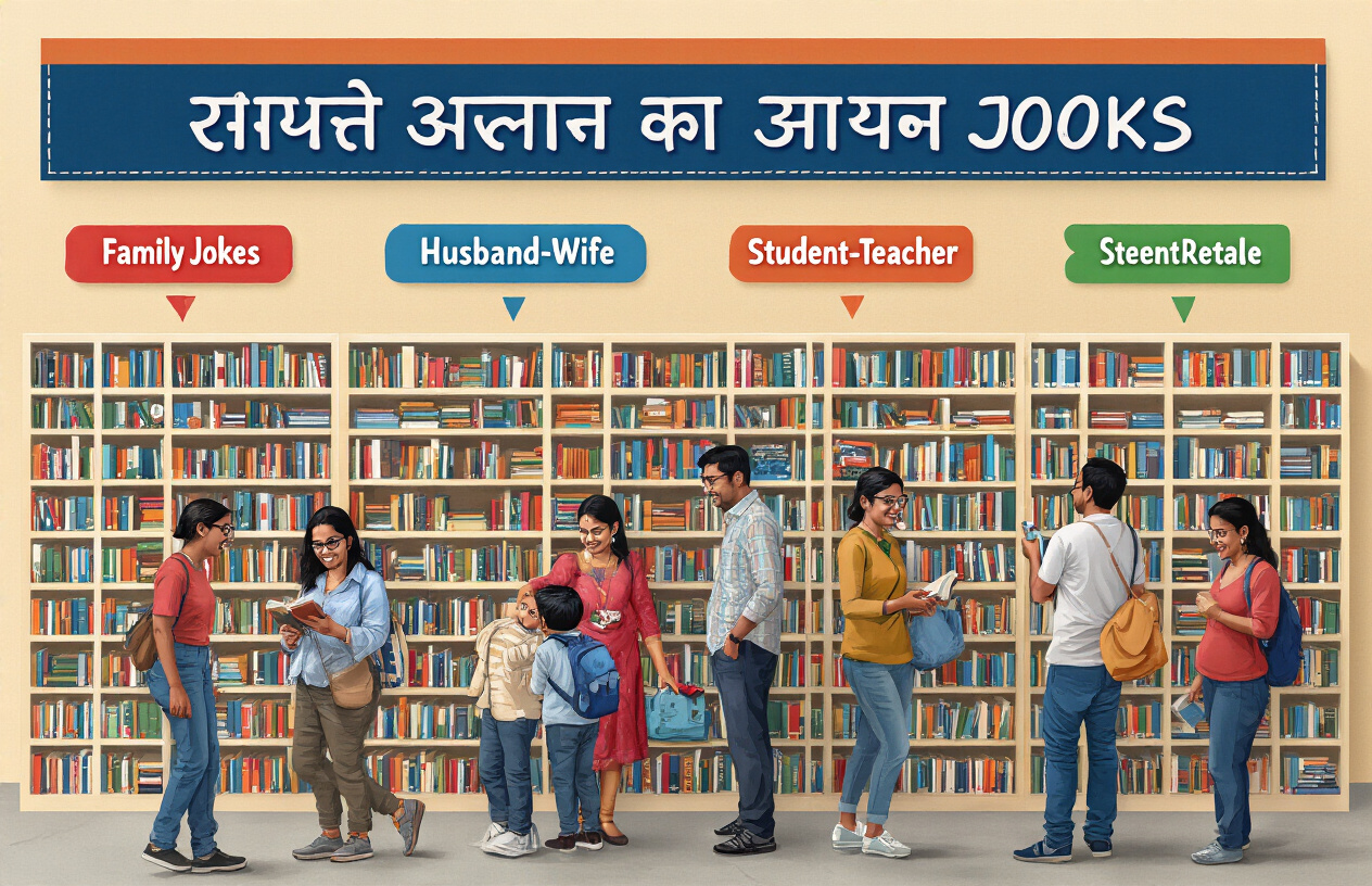 Create a realistic image of a colorful bookshelf or display categorizing different types of Hindi joke books, with clearly labeled sections like "Family Jokes," "Husband-Wife Jokes," and "Student-Teacher Jokes" in Hindi script, showing a diverse group of Indian people of different ages browsing and laughing at the collection.