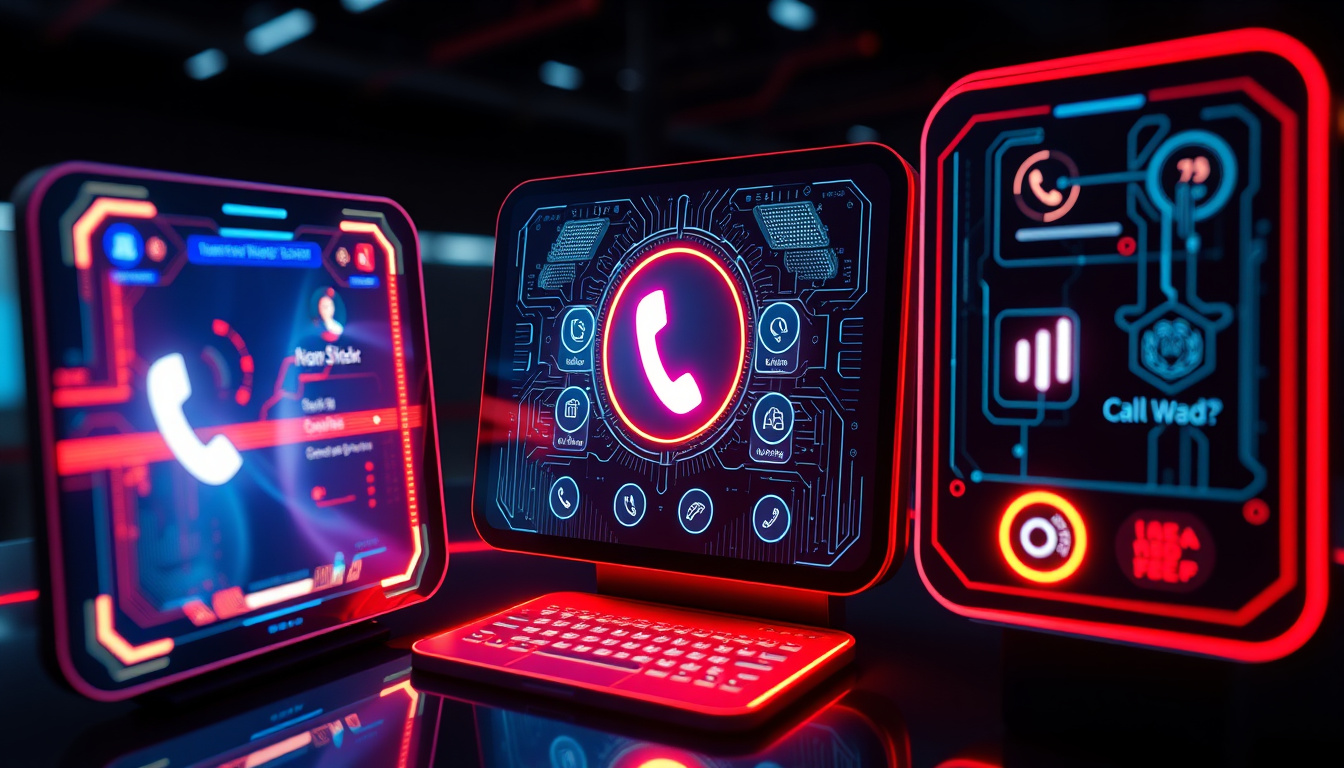  Modern AI-powered call answering system interface glowing on screens, sleek futuristic design