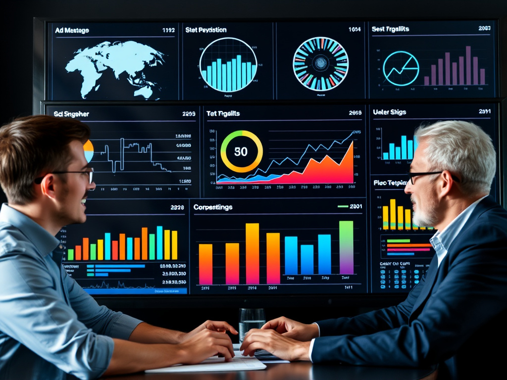 professional business team analyzing digital marketing dashboard with graphs and ad metrics