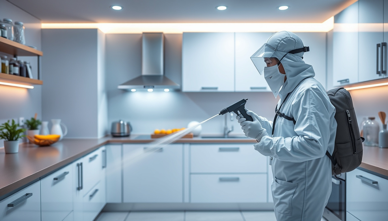  Professional exterminator spraying insecticide in a modern kitchen to eradicate cockroaches