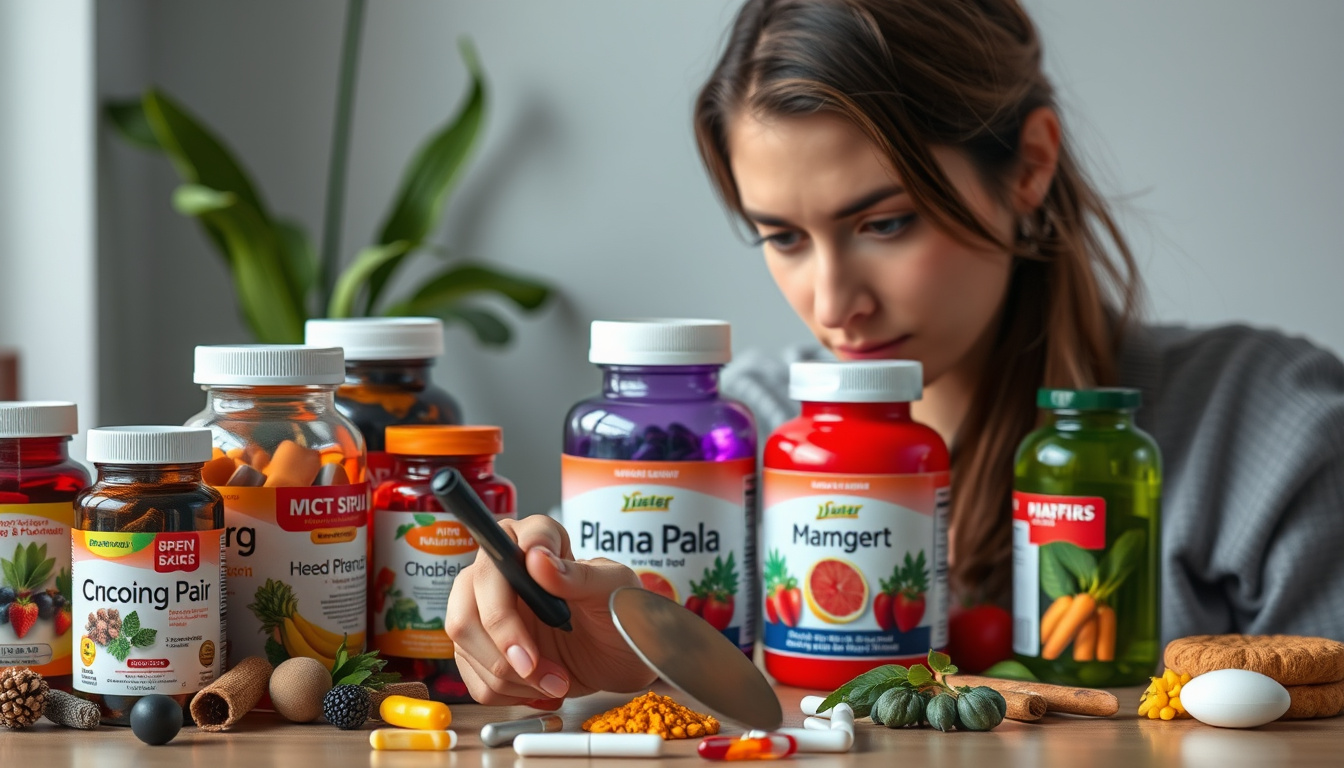  Person researching supplements with colorful bottles and vibrant ingredients