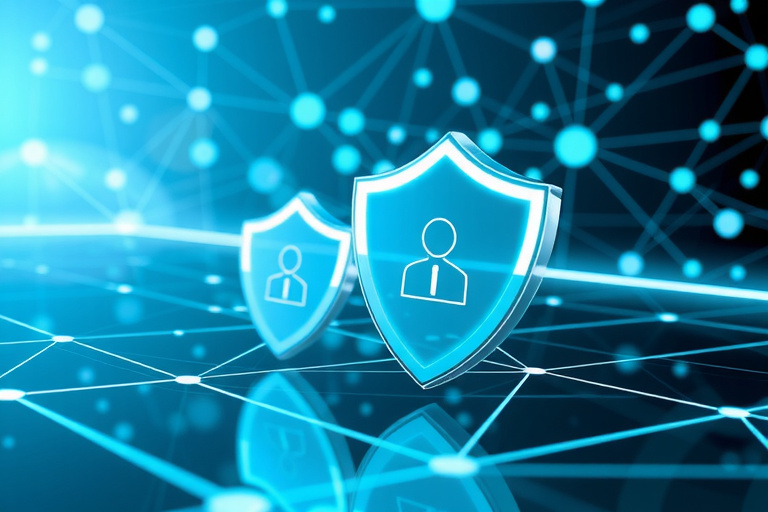 modern digital illustration showing data protection concept with shield icons protecting user data on a futuristic interface with blue and green tones, abstract network connections in background