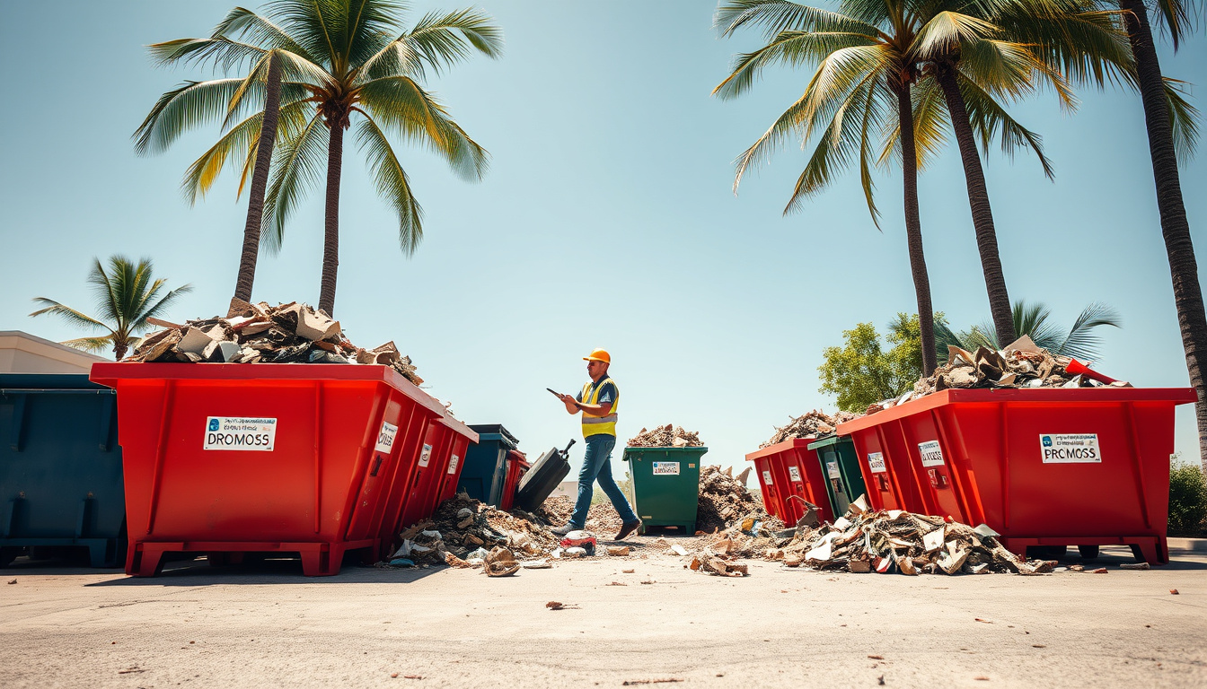  professional junk removal crew loading debris into dumpsters by palm trees