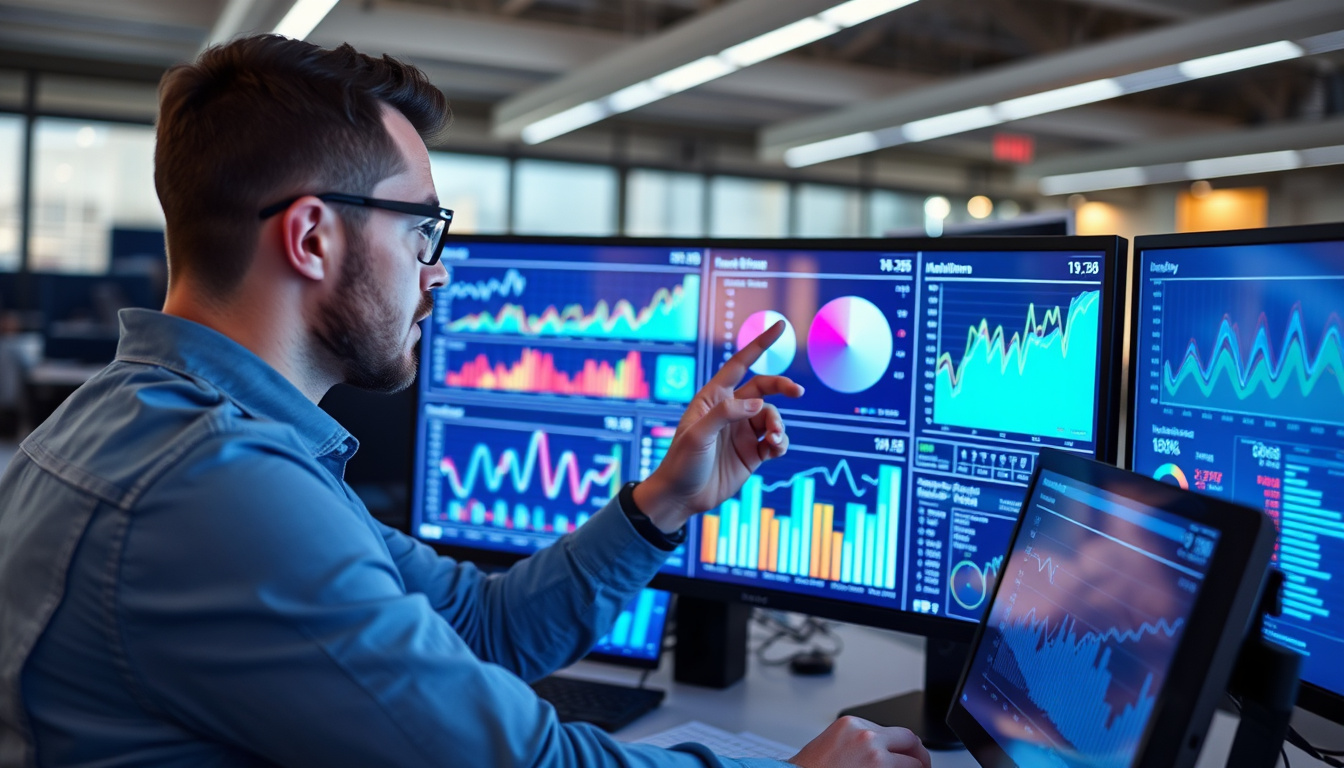 marketer analyzing vibrant graphs on transparent screens, fast-paced office environment