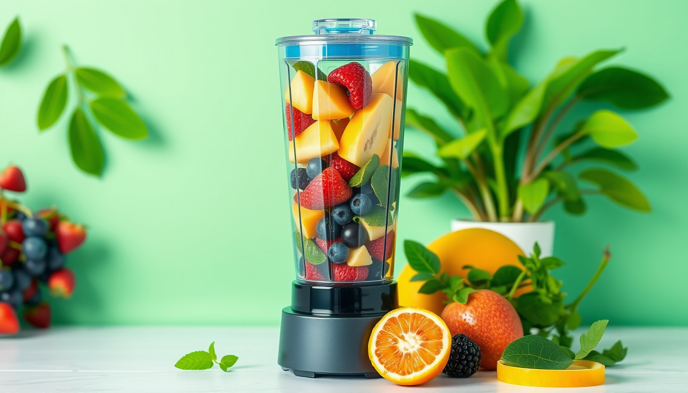  Bright, inviting blender filled with vibrant fruits and leafy greens