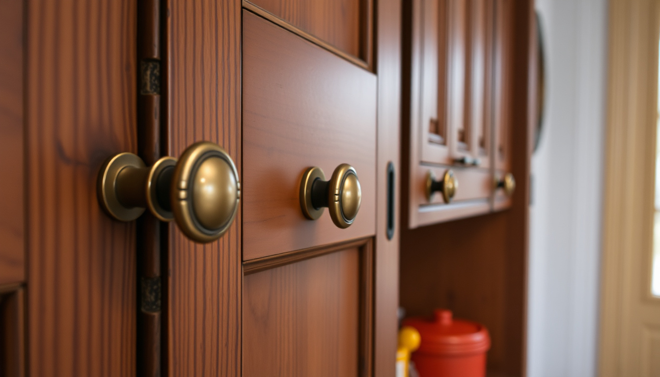Transform Your Space with Stylish Cabinet Hardware Ideas 1 Vintage brass knobs on rustic wooden cabinets, cozy atmosphere