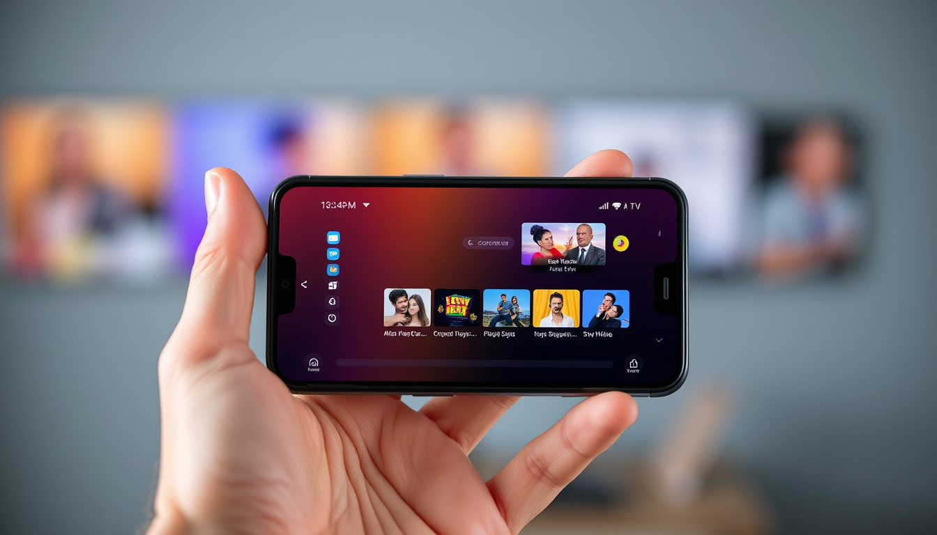  Hand holding smartphone showing IPTV app with user interface
