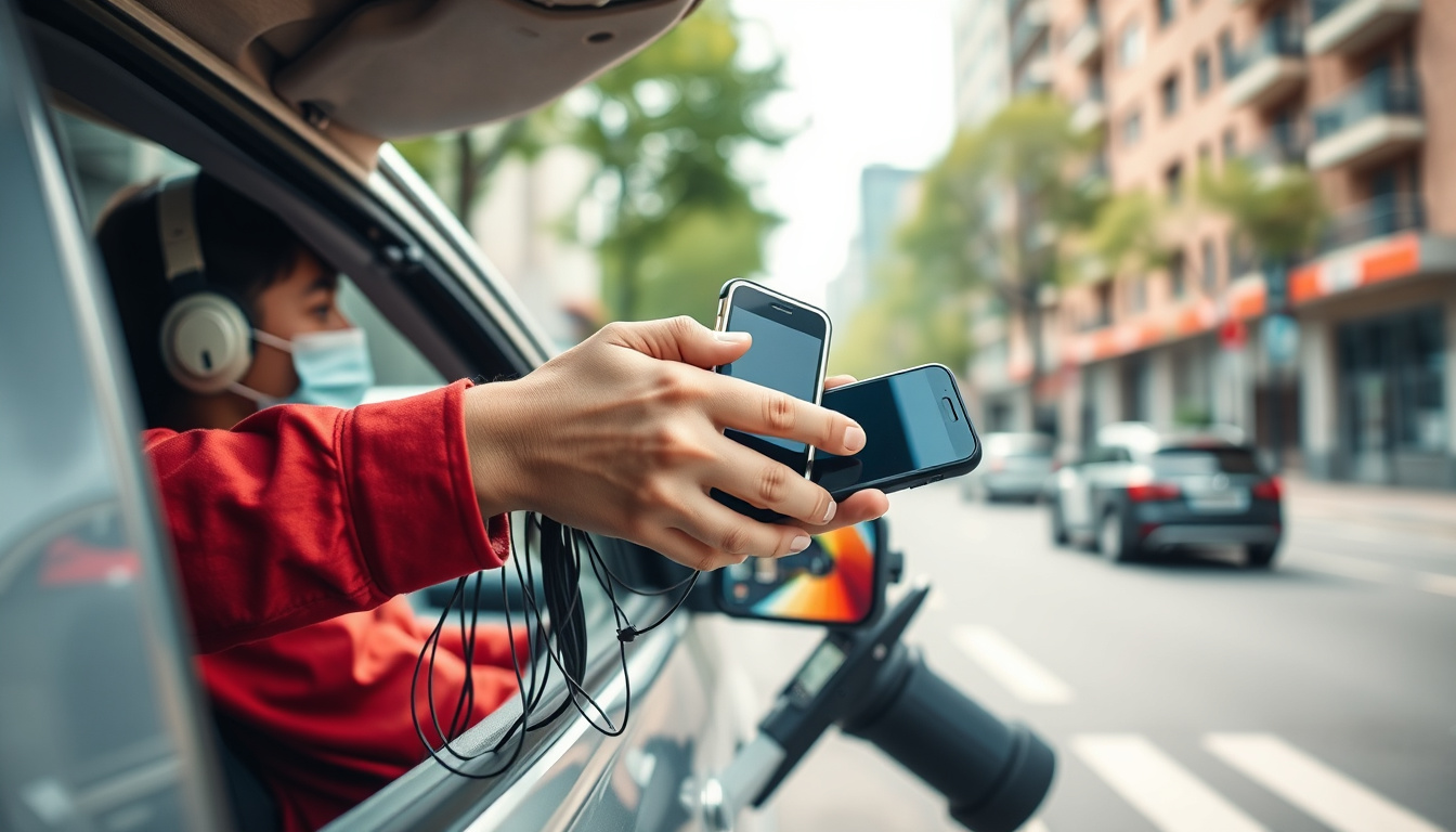 person handing over old gadgets to pickup driver, urban setting, sustainable recycling concept