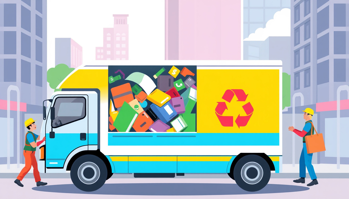  Friendly workers quickly loading junk into a vibrant city recycling truck