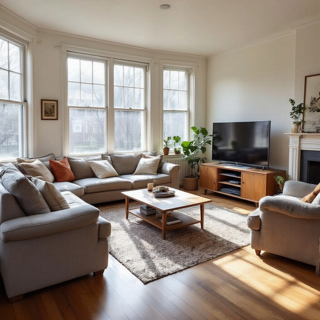 Create a realistic image of an inefficiently arranged living room with oversized furniture blocking pathways, a bulky coffee table taking up too much central space, a TV console placed awkwardly in front of a window, poor traffic flow patterns indicated by tight spaces between furniture pieces, and wasted corner spaces, all bathed in natural daylight streaming through partially blocked windows to highlight the spatial problems.