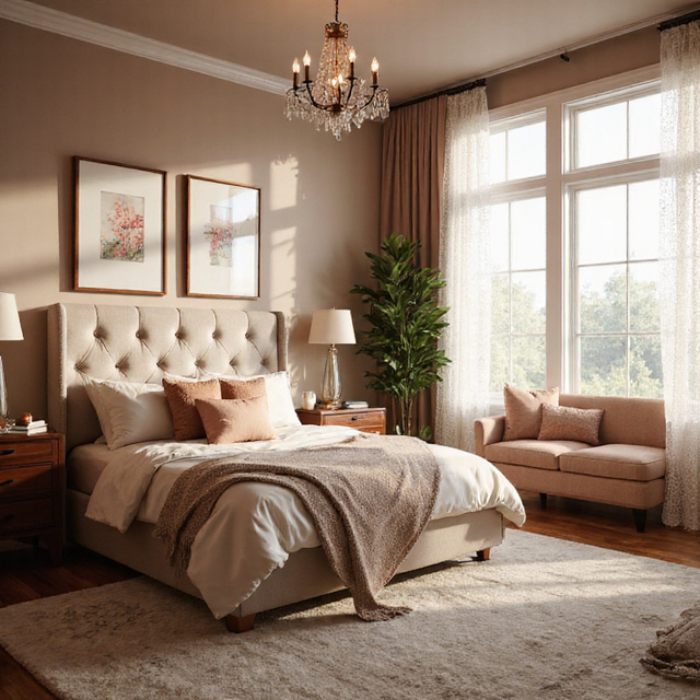 Modern couples bedroom with calming grey palette and ambient lighting