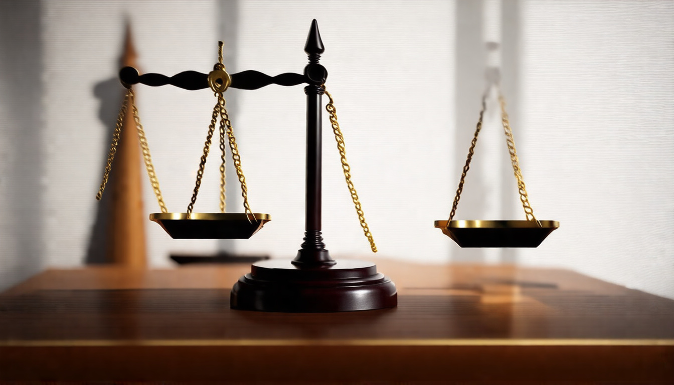  courtroom scales of justice balanced on contract, dramatic shadows, sharp focus