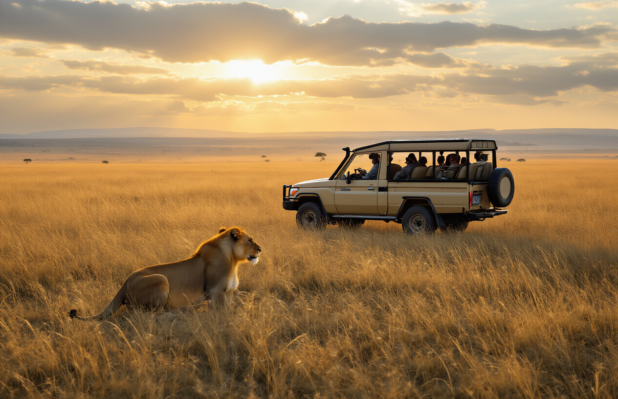 Create a realistic image of a safari vehicle with tourists safely observing a lion from a distance in an African savanna, showcasing the potential dangers of wildlife encounters while emphasizing the need for proper insurance coverage, with golden hour lighting casting dramatic shadows across the grassland.
