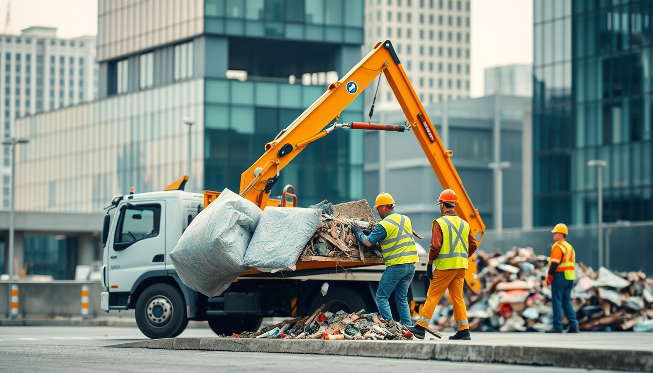  professional debris hauling crew removing construction waste, modern city background, efficient teamwork