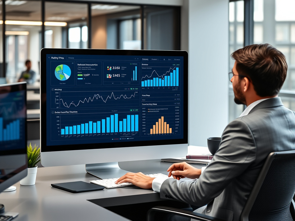 business professional reviewing website analytics on a digital dashboard with charts and graphs in a corporate office environment