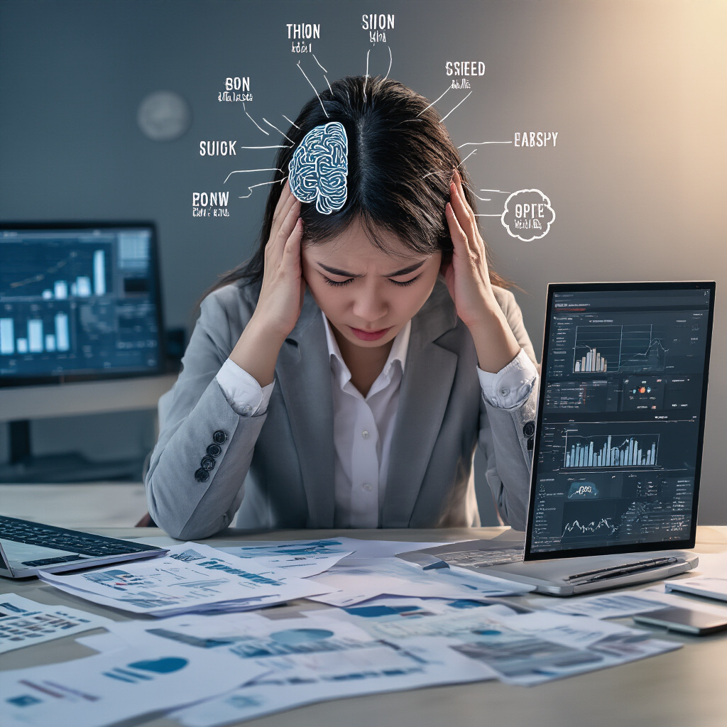 Create a realistic image of a stressed Asian female professional sitting at a desk with her head in her hands, surrounded by scattered papers and a computer showing charts, with a brain graphic overlay highlighting areas affected by stress, in a dimly lit office setting that conveys the physical and mental impact of workplace pressure.