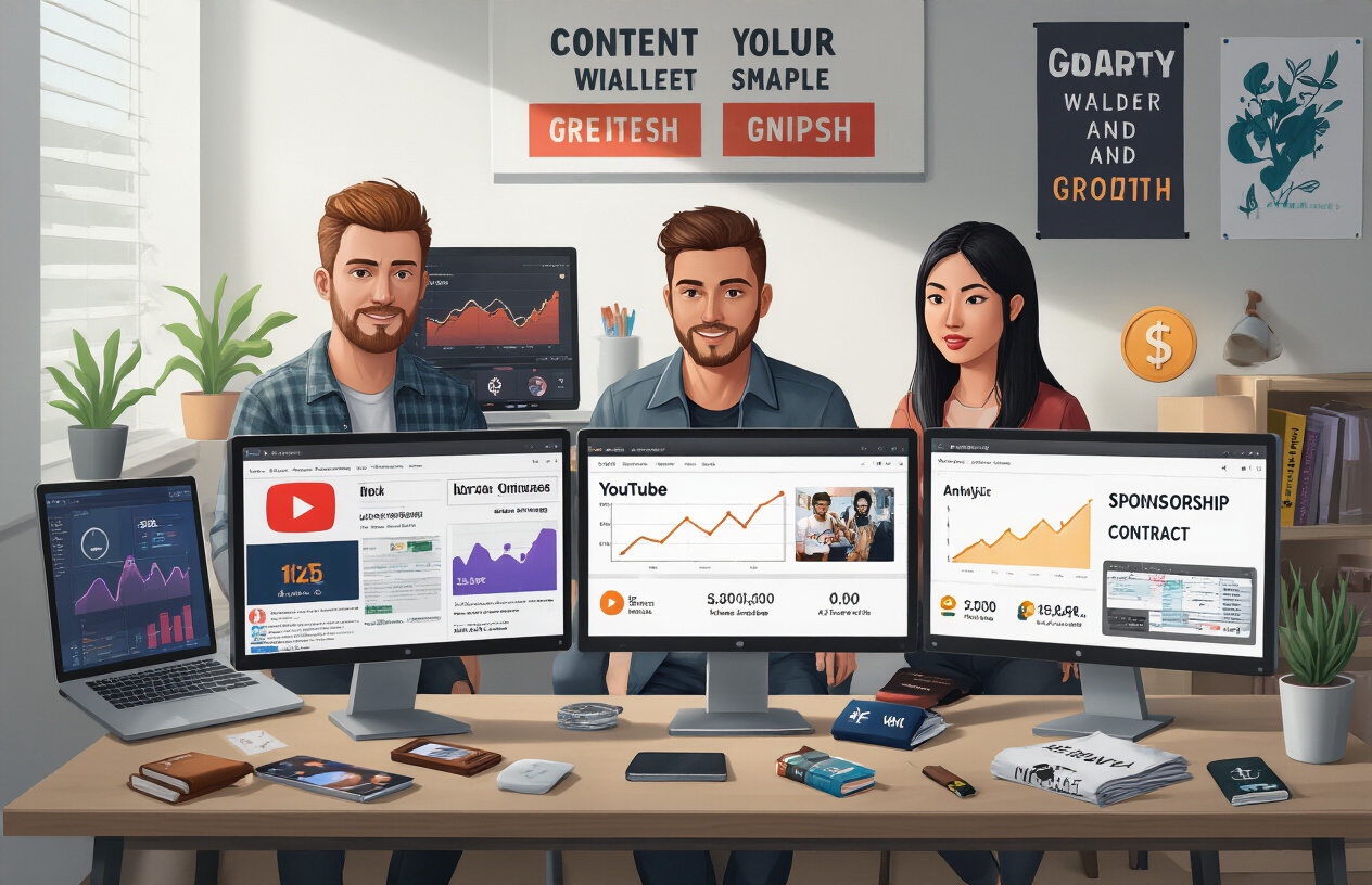 Create a realistic image of a diverse group of content creators (a white male, a black female, and an Asian female) sitting at a modern desk with multiple revenue stream symbols displayed on computer screens, showing YouTube analytics dashboard with upward trending graphs, digital wallets, merchandise samples, and sponsorship contracts, in a well-lit home office with motivational posters about adaptation and growth on the wall behind them.
