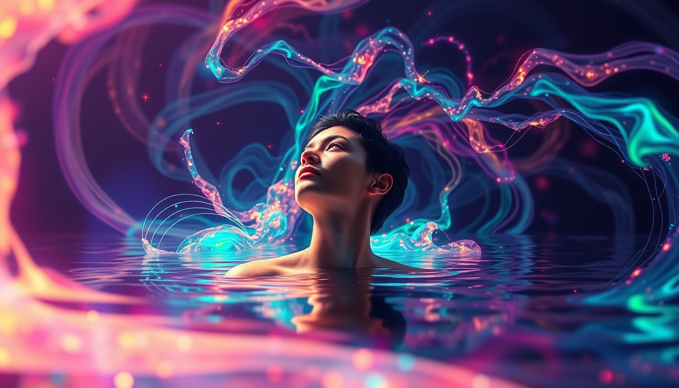 Ethereal soul energy waves swirling around a person in deep reflection, vibrant colors filling the scene —no extra words