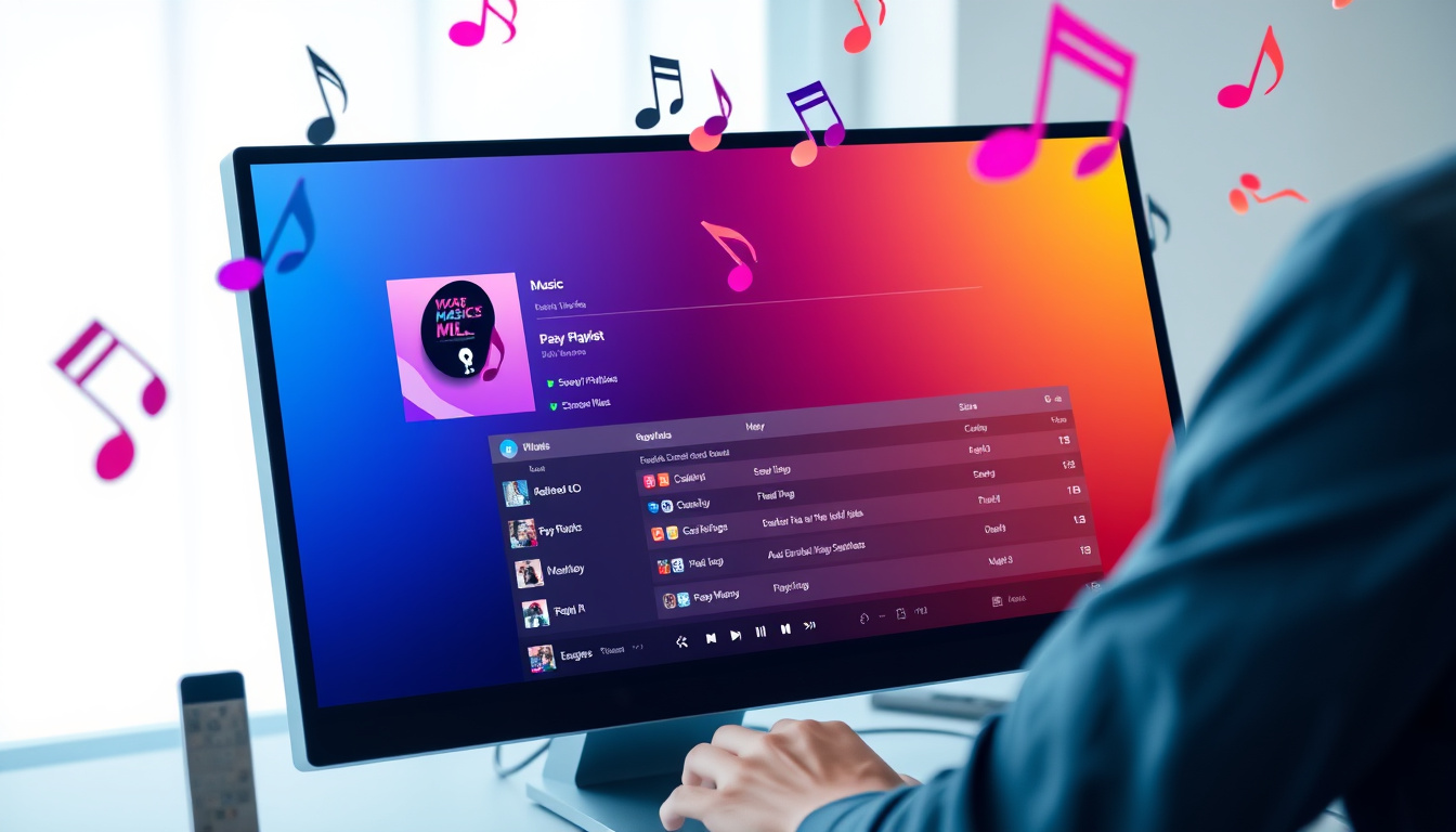  A person creating a playlist on a modern computer screen with musical notes floating around