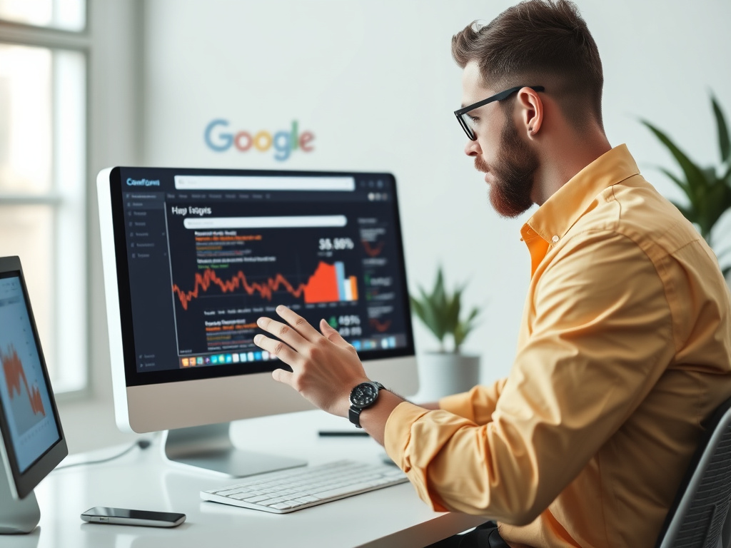 professional webmaster analyzing search engine tools on computer screen
