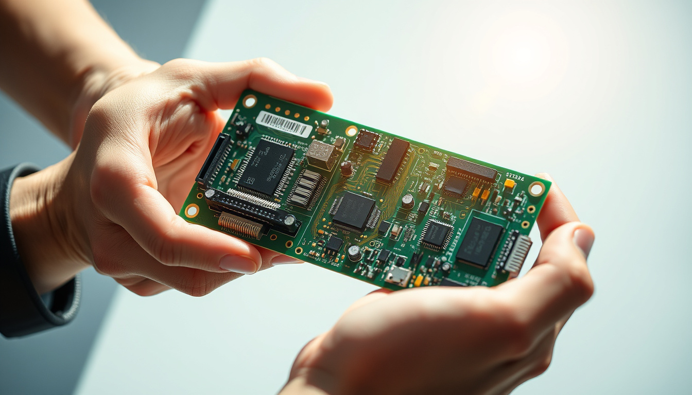 Hands holding old circuit boards transforming into new energy-efficient gadgets under solar light