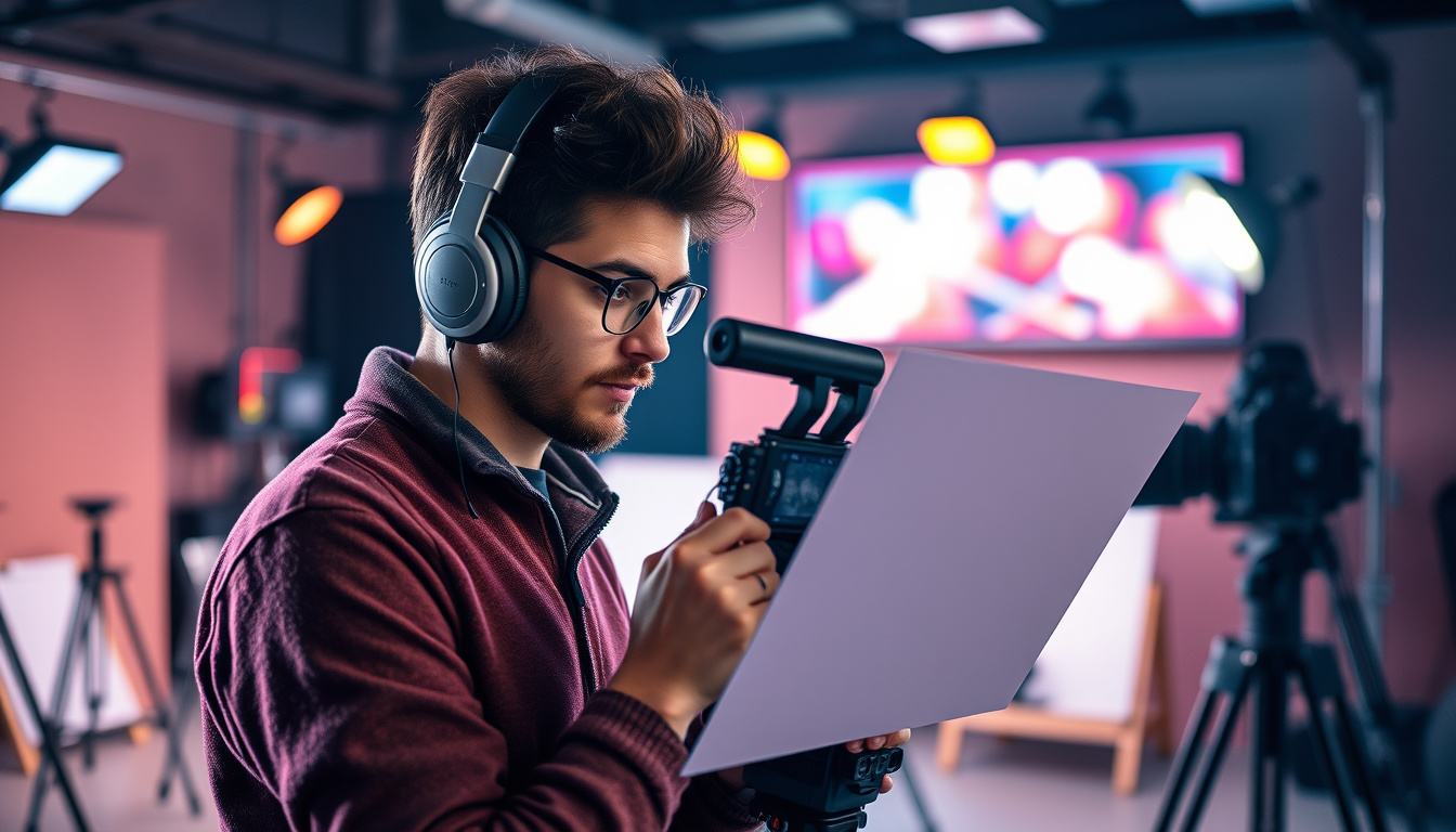  aspiring film director studying storyboard, film set background, focused expression, creative environment