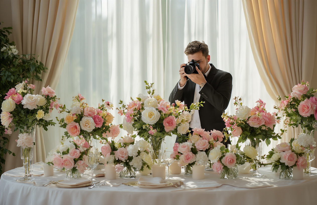 Create a realistic image of a professional wedding photographer capturing perfectly arranged artificial flower centerpieces on a beautifully decorated reception table, with soft natural lighting streaming through sheer curtains, highlighting the vibrant colors and realistic textures of the silk and foam flowers, demonstrating how artificial arrangements can look flawless in wedding photographs.