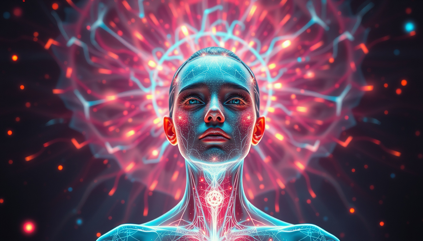  Futuristic psychic with translucent aura channeling visions amidst swirling lights