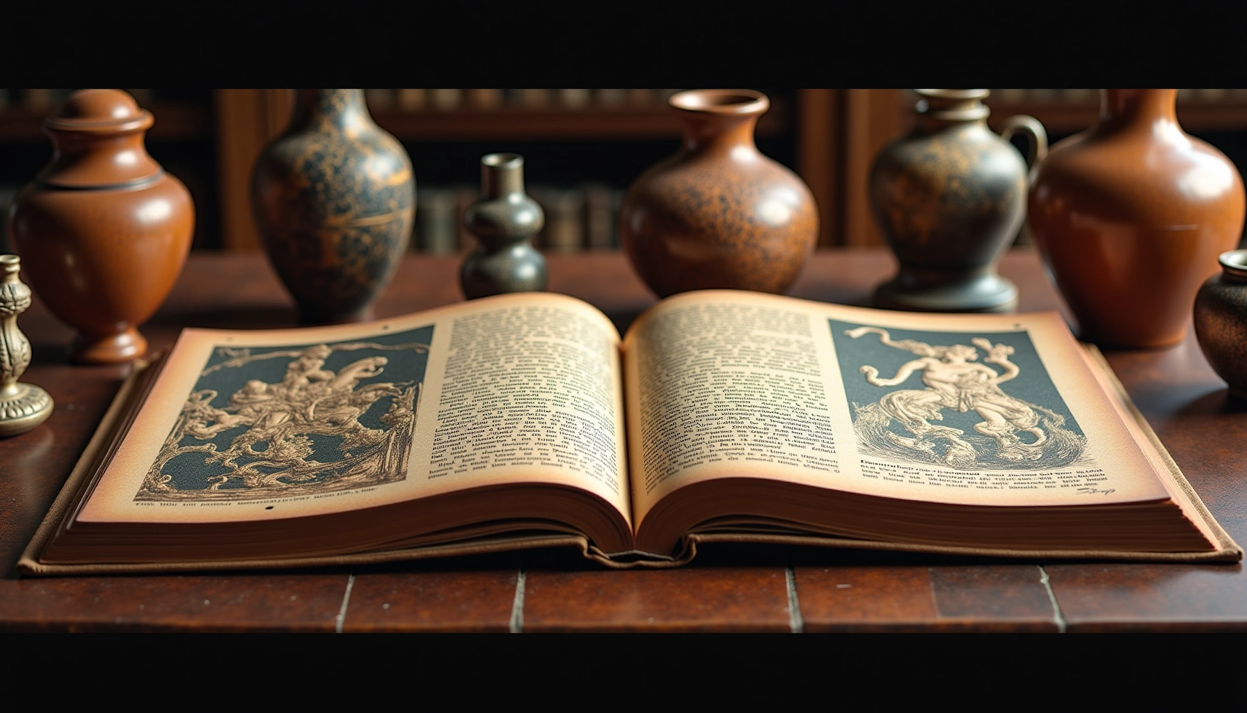 Ancient Norse and Greek mythology books arranged on wooden table with Nordic runes and Greek pottery