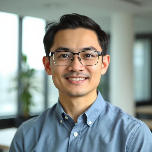 professional headshot of an Asian male investment advisor in his early 40s, friendly expression, wearing glasses and a dress shirt, modern office background