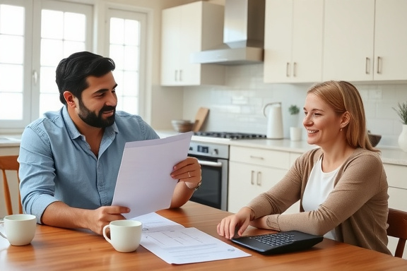 happy middle-aged couple reviewing retirement planning documents with financial advisor at kitchen table, calculator and coffee cups visible, warm natural lighting