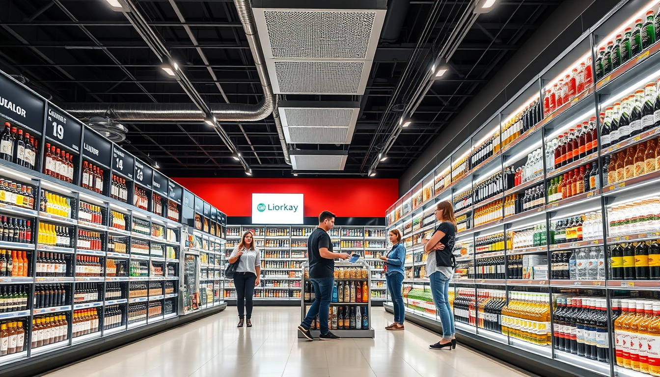  Modern liquor store interior, well-organized shelves, staff checking IDs, sales growth concept