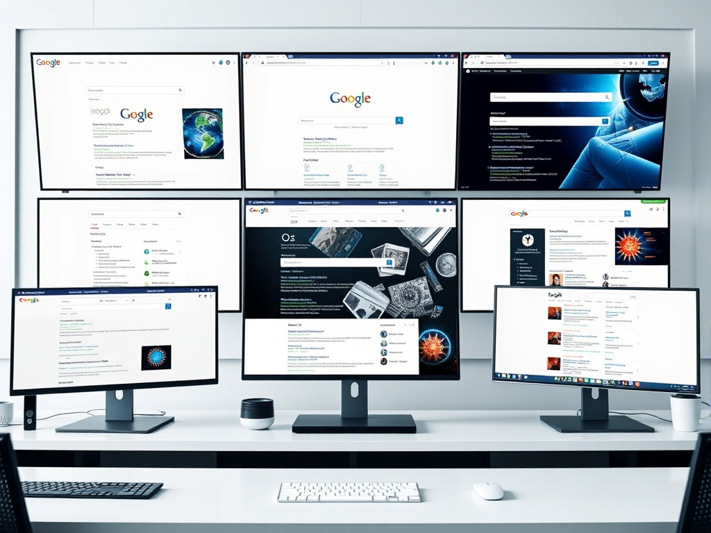 professional digital workspace with multiple screens displaying various search engines and results in a corporate style